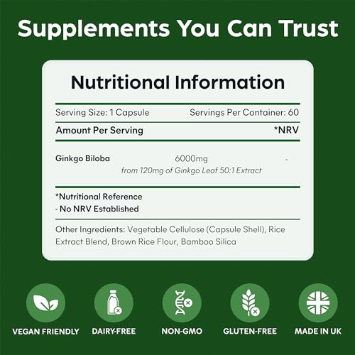 High Strength Ginkgo Biloba 6000mg - 60 Vegan Capsules