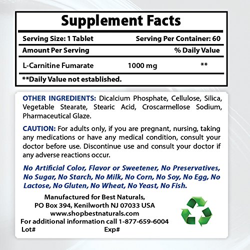 Best Naturals L-Carnitine 1000mg Tablets 60 Count