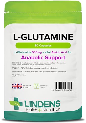 L-Glutamine 500mg Capsules, 90 Count by Lindens