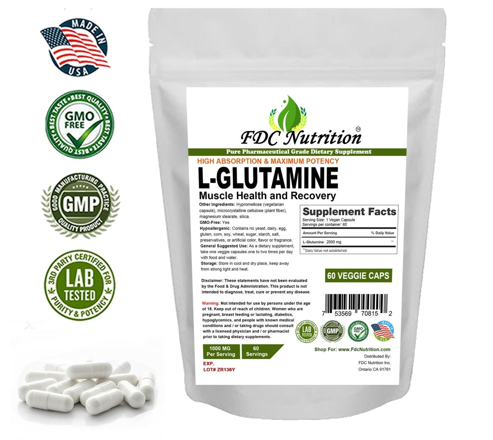 FDC Nutrition Vegan L-Glutamine 2000 mg Capsules