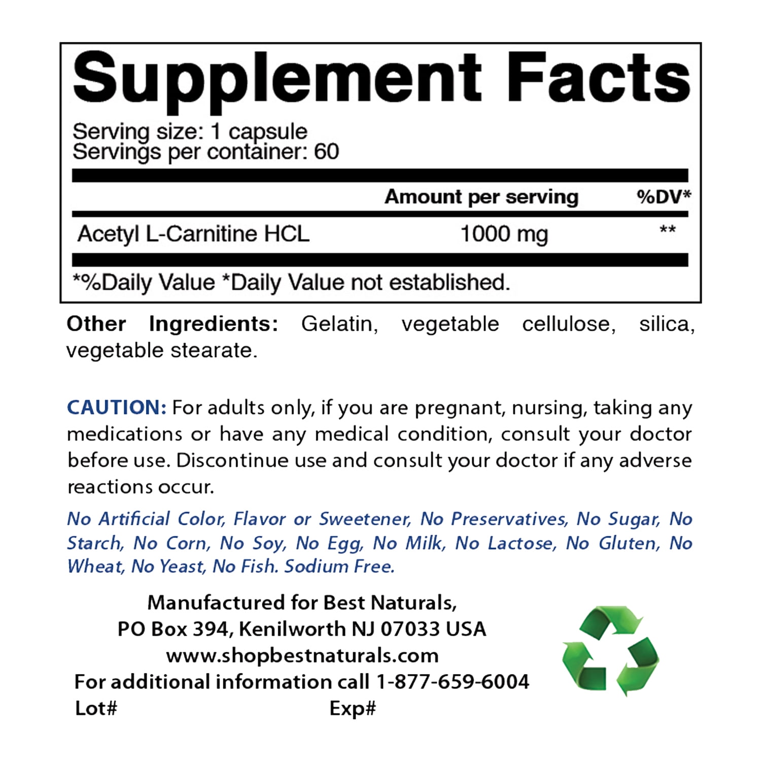 Best Naturals Acetyl L-Carnitine 1000 Mg, 60 Capsules
