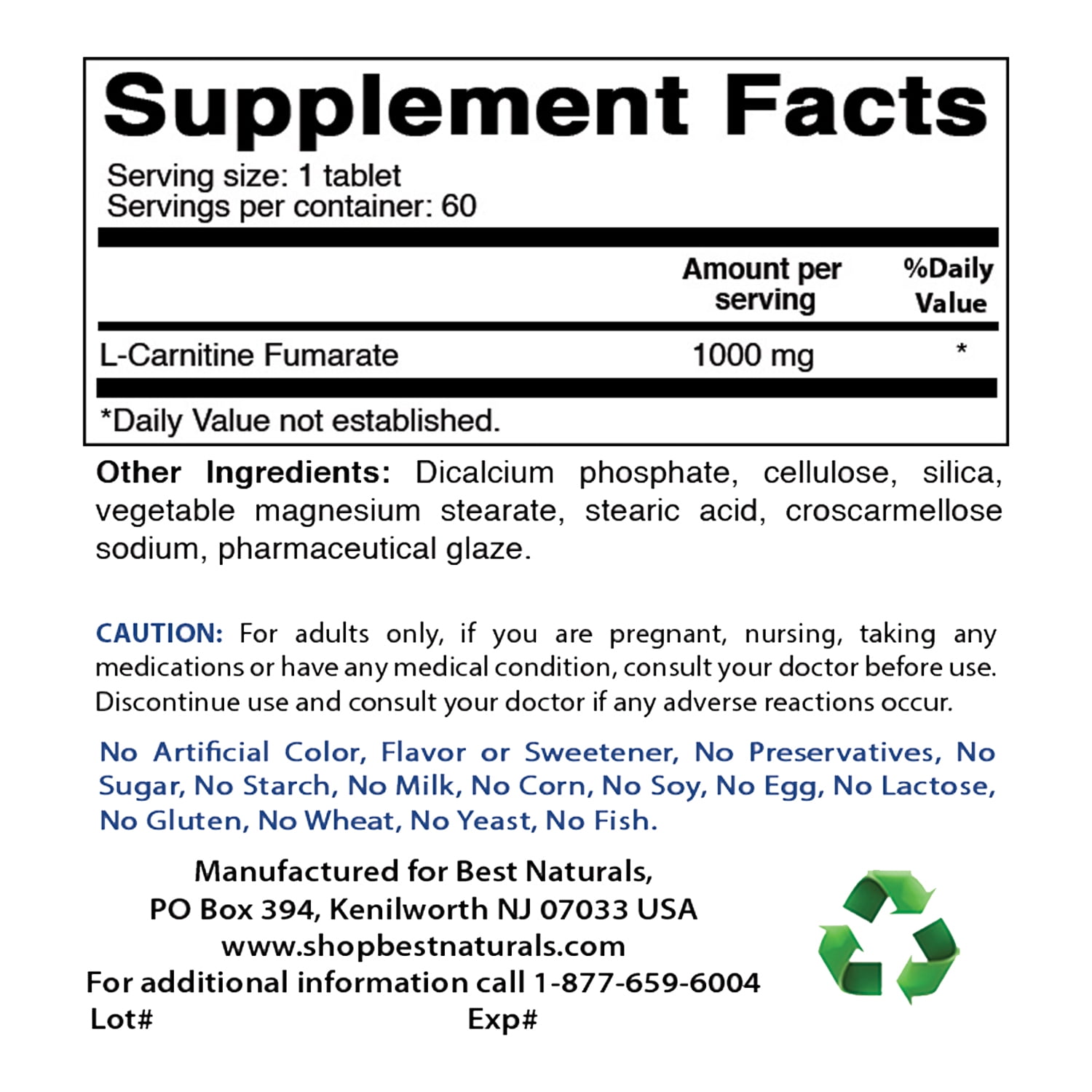 Best Naturals L-Carnitine 1000mg, 60 Tablets