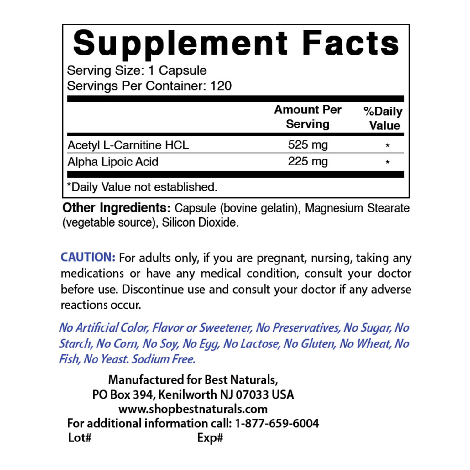 Acetyl L-Carnitine & Alpha Lipoic Acid 750 mg Capsules
