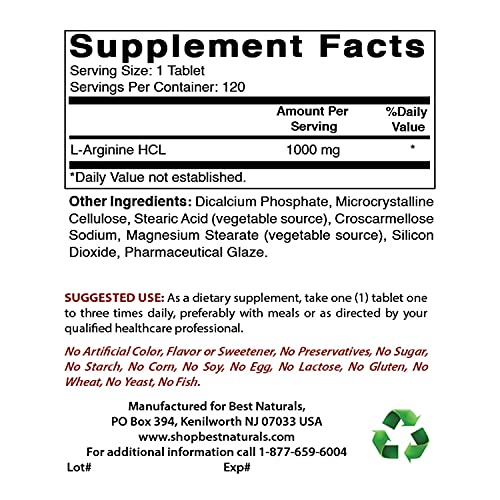 Best Naturals L-Arginine 1000mg, 120 Capsules