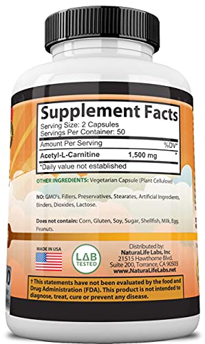 High Potency Acetyl L-Carnitine 1,500 mg Capsules