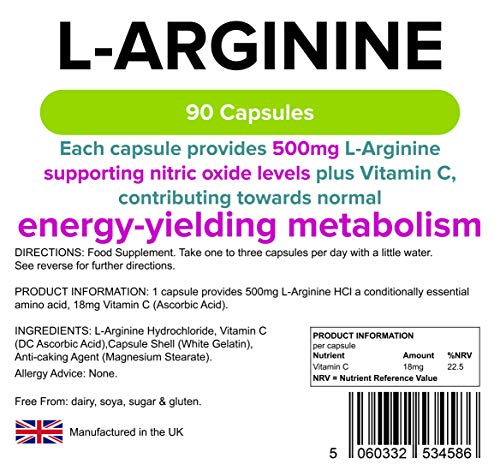 L-Arginine 500mg - 90 Capsules for Health