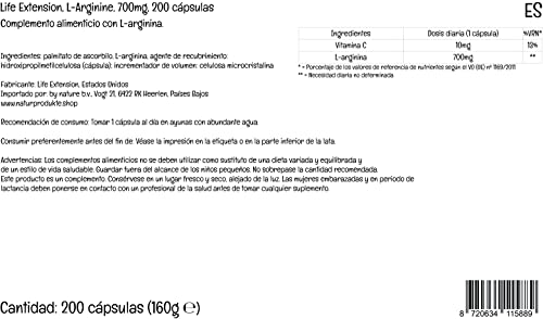 Life Extension L-Arginine 700mg - 200 Vegan Capsules