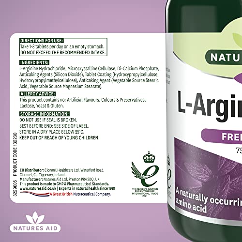 Natures Aid 750mg L-Arginine Tablets, 90 Count