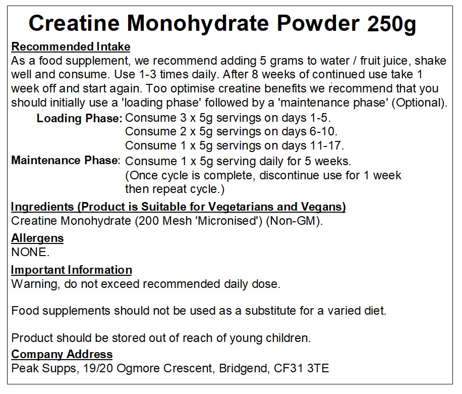 Pure Micronised Creatine Monohydrate Powder 250g