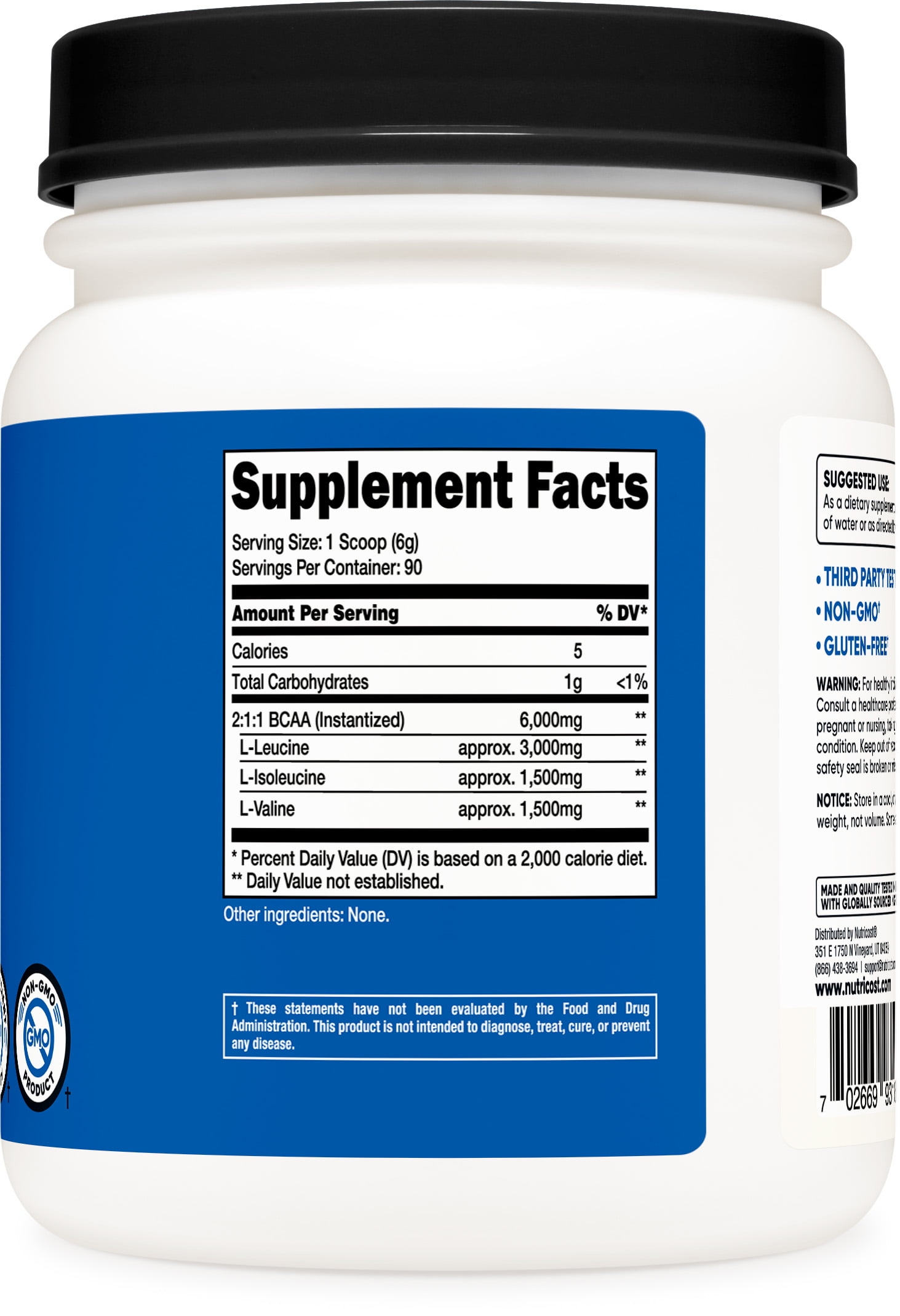 Nutricost Unflavored BCAA Powder 2:1:1, 90 Servings