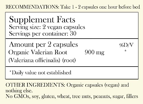 Organic Valerian Root Capsules - 900 mg - 60 Count