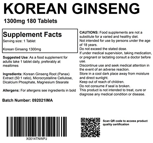 Korean Panax Ginseng Extract 1300mg - 180 Tablets