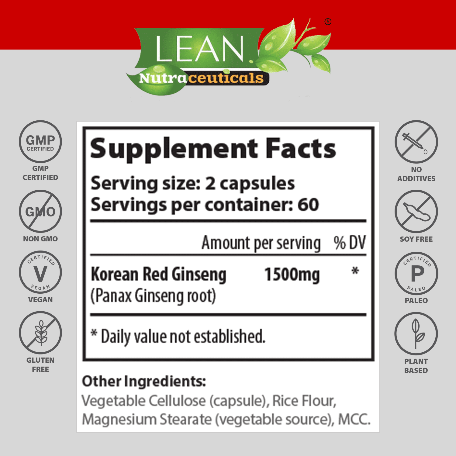 Premium Red Korean Panax Ginseng Veggie Capsules