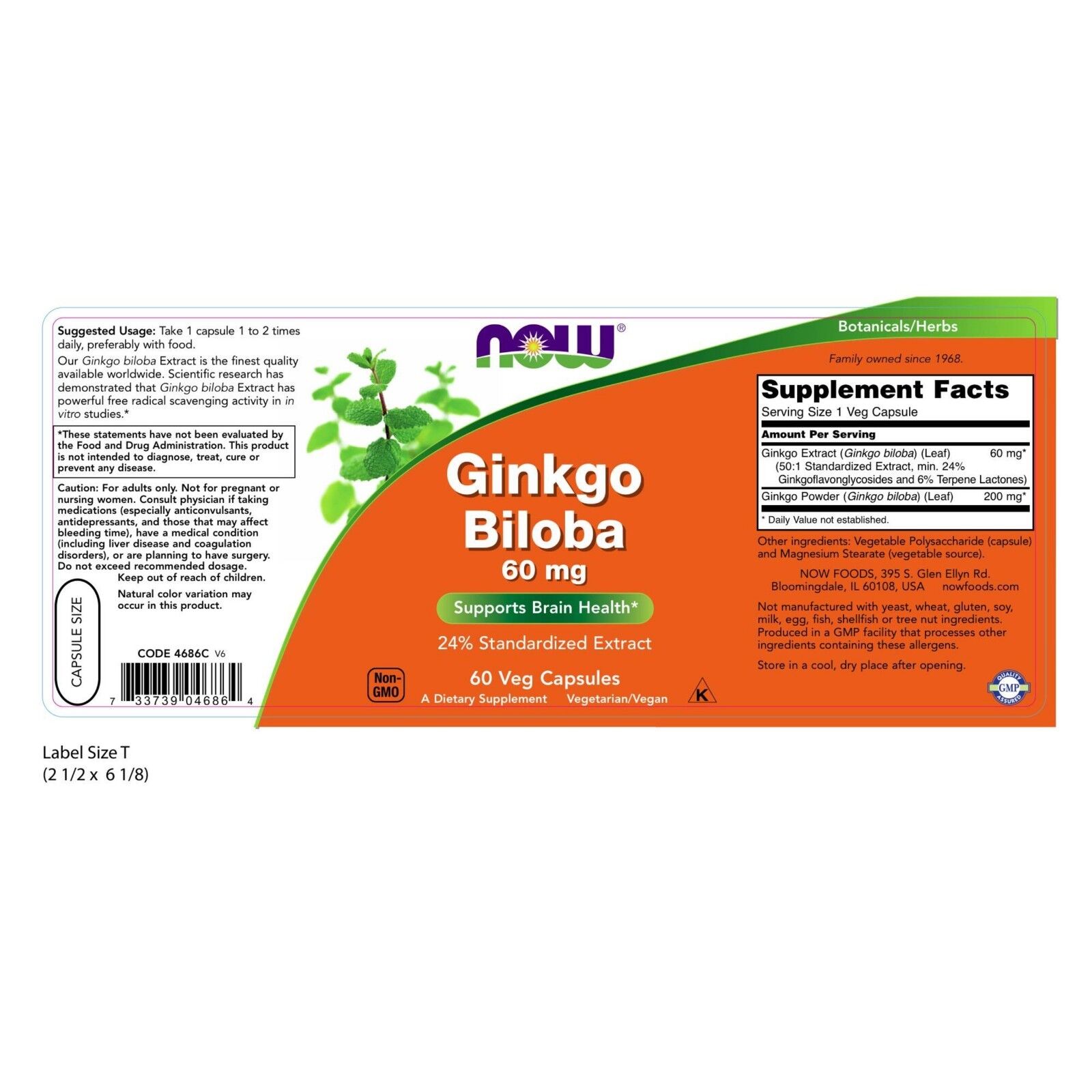 NOW Foods Ginkgo Biloba 60 mg Veg Capsules