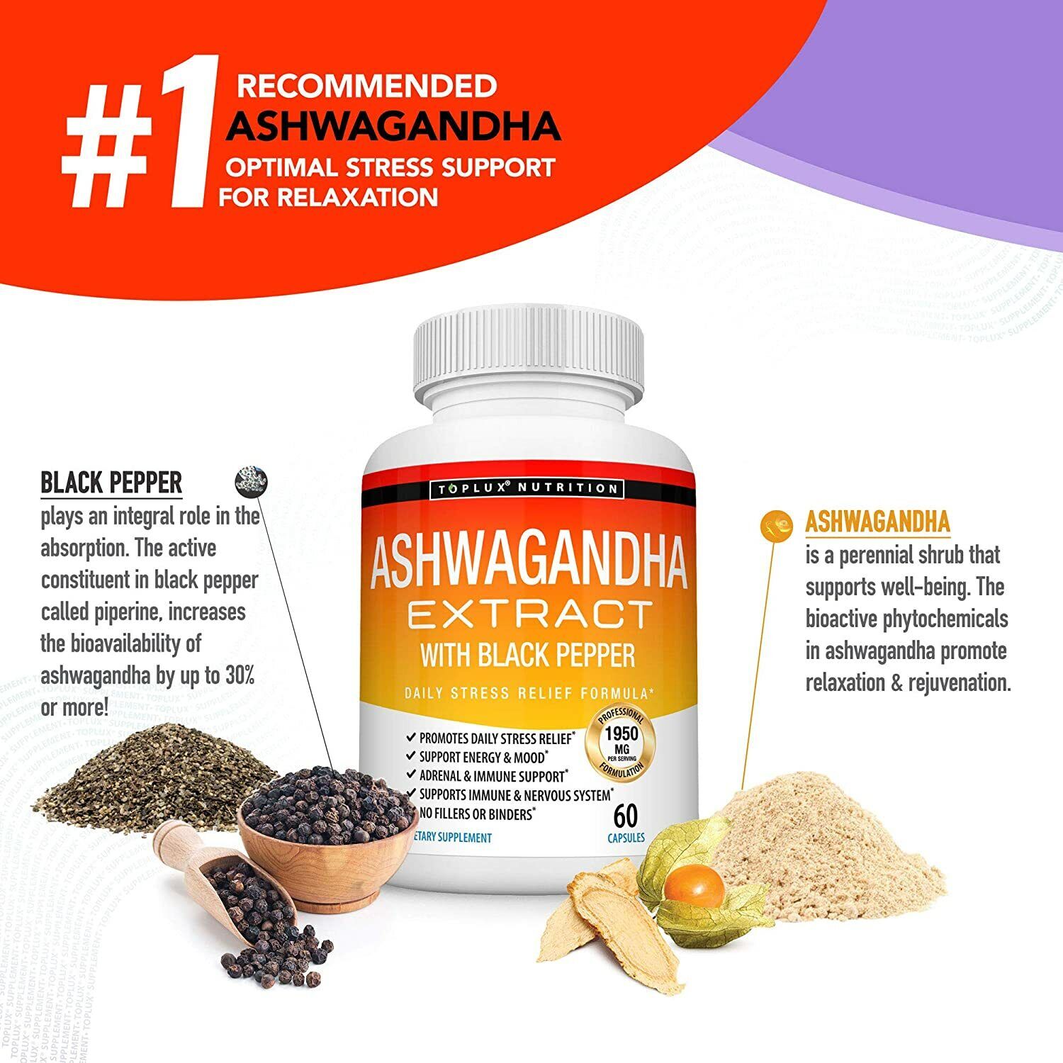 Organic Ashwagandha Capsules 1950 MG with Black Pepper