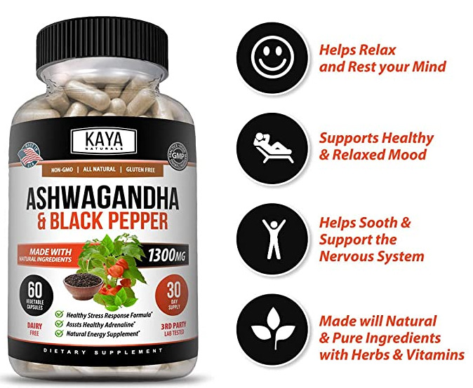 Organic Ashwagandha 1300mg Capsules with Black Pepper