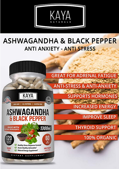 Organic Ashwagandha 1300mg Capsules with Black Pepper