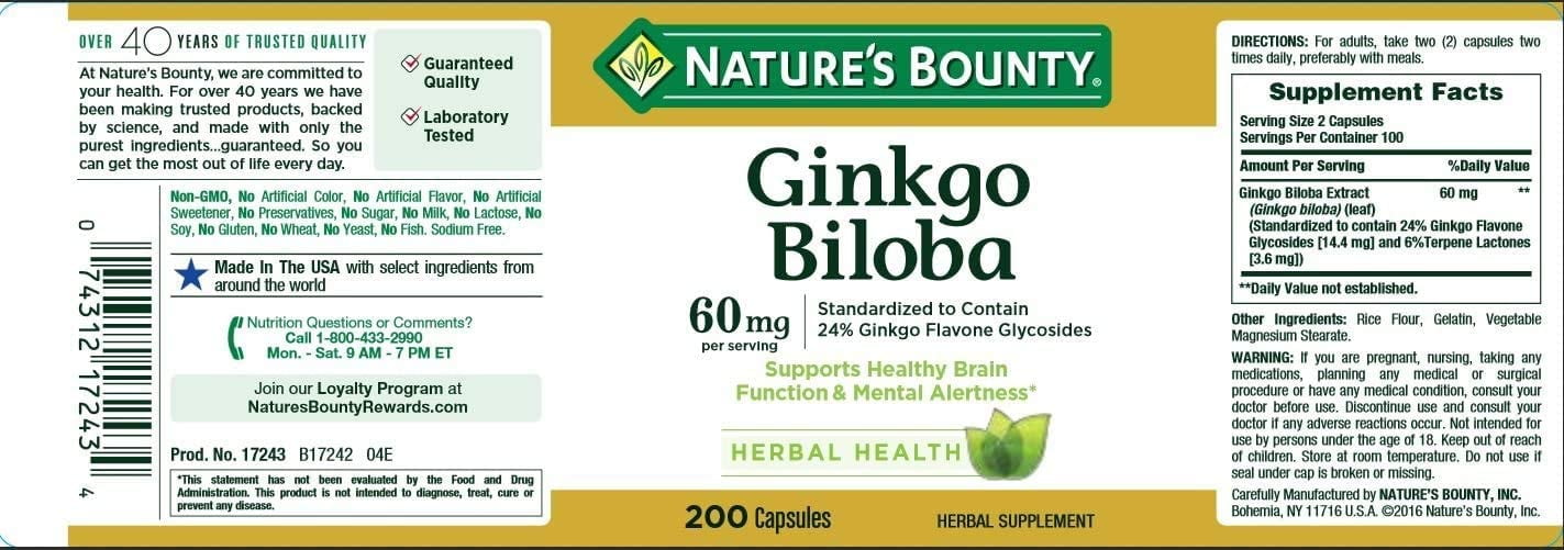 Ginkgo Biloba 60 mg - 200 Capsules