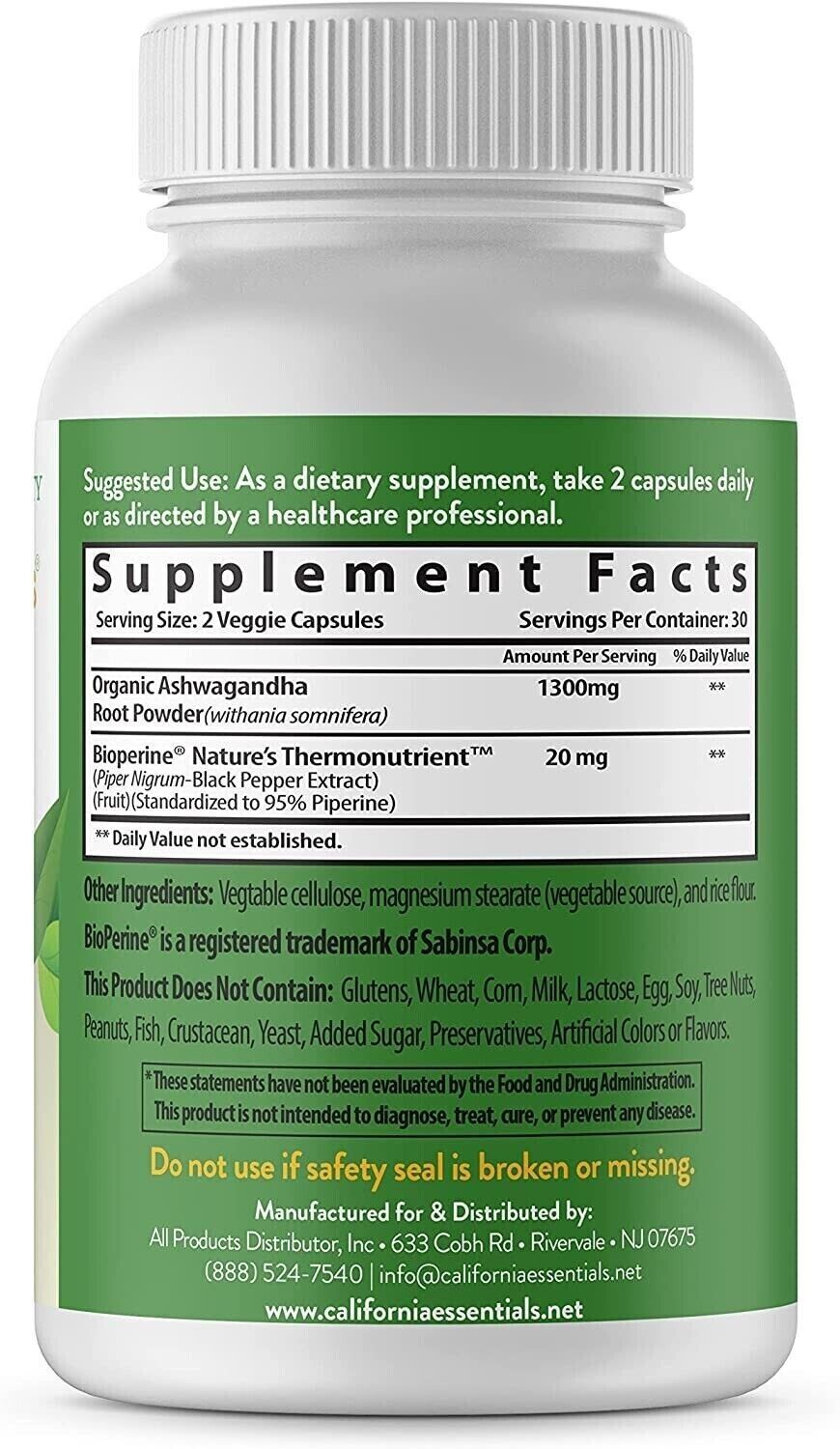 Organic Ashwagandha Supplement, 1300 MG, 60 Capsules