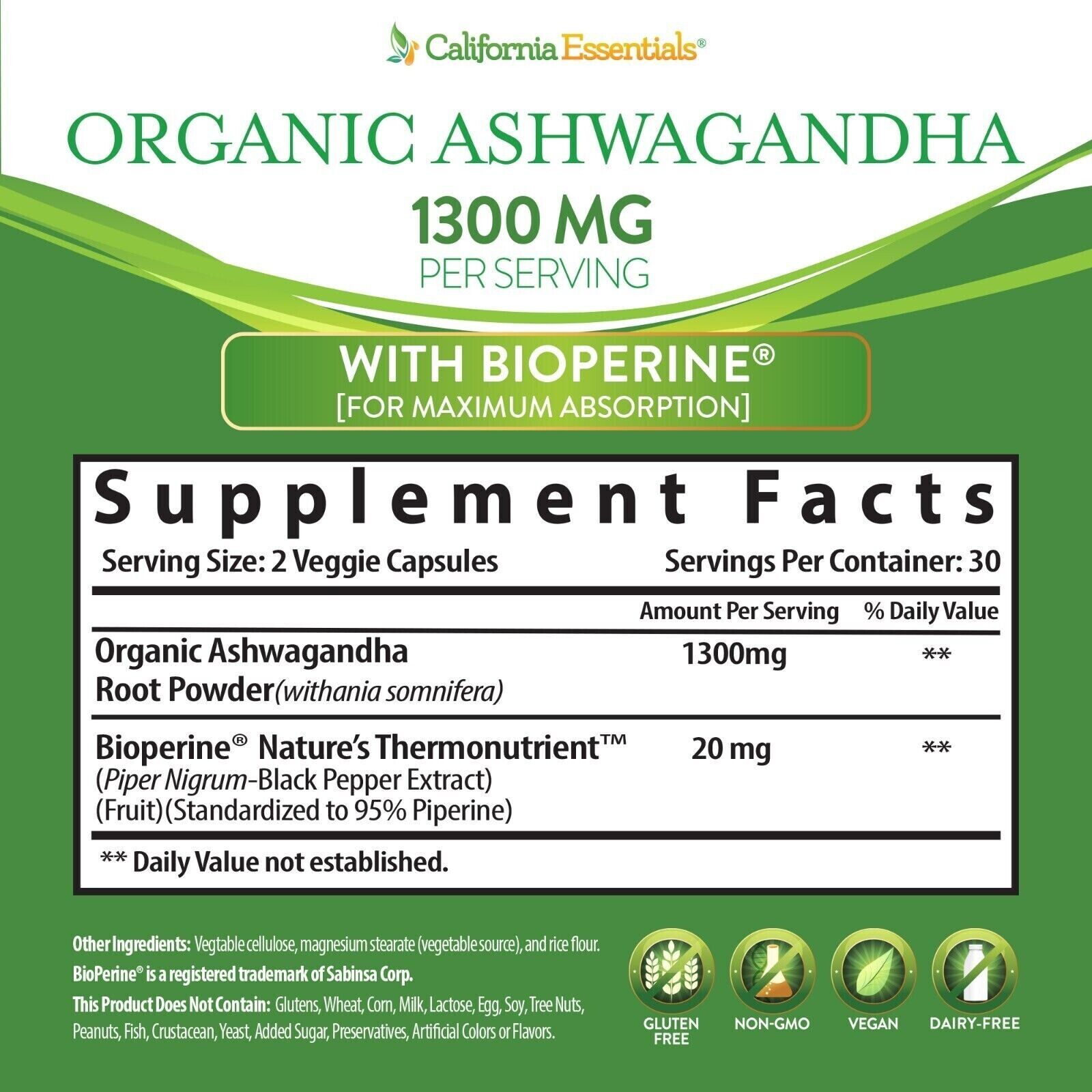 Organic Ashwagandha Supplement, 1300 MG, 60 Capsules