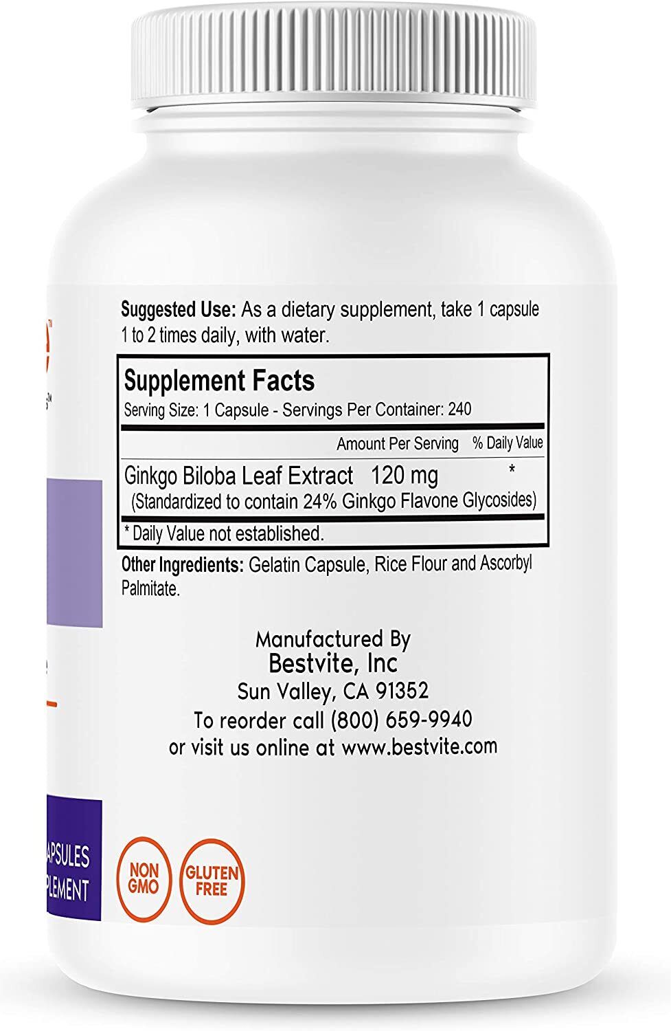 Ginkgo Biloba 120mg - 240 Capsules, Non-GMO