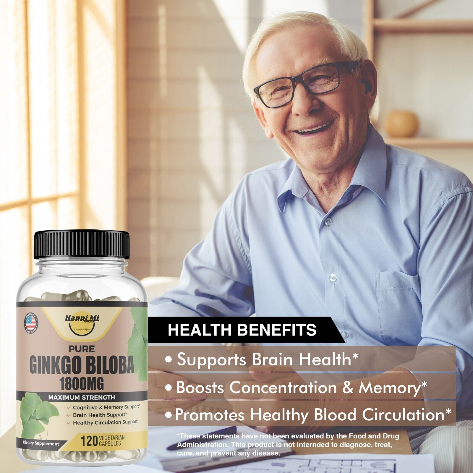 Organic Ginkgo Biloba 1800mg, 120 Veggie Caps