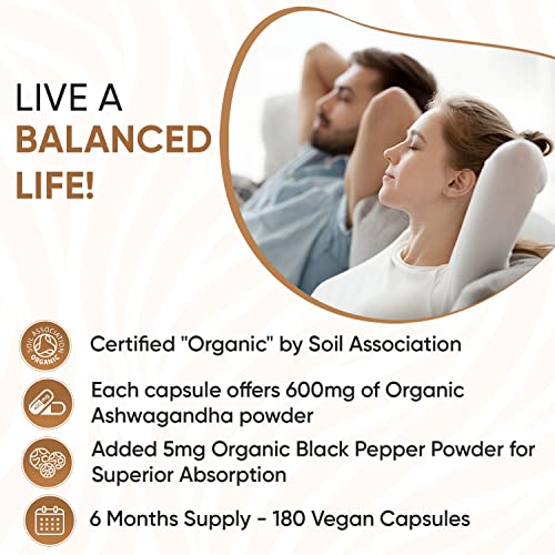 Organic Ashwagandha Capsules with Black Pepper – 180 Count