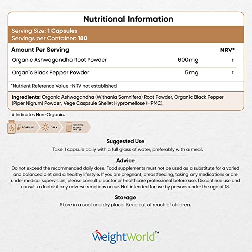 Organic Ashwagandha Capsules with Black Pepper – 180 Count