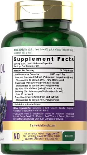 Carlyle Resveratrol 1800mg Supplement, 180 Capsules