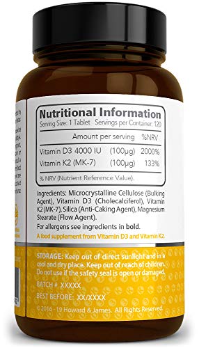 Vitamin D3 4000iu & K2 100ug Vegetarian Tablets