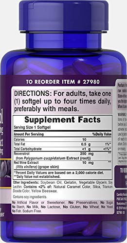 Puritan's Pride 250 mg Resveratrol - 60 Capsules