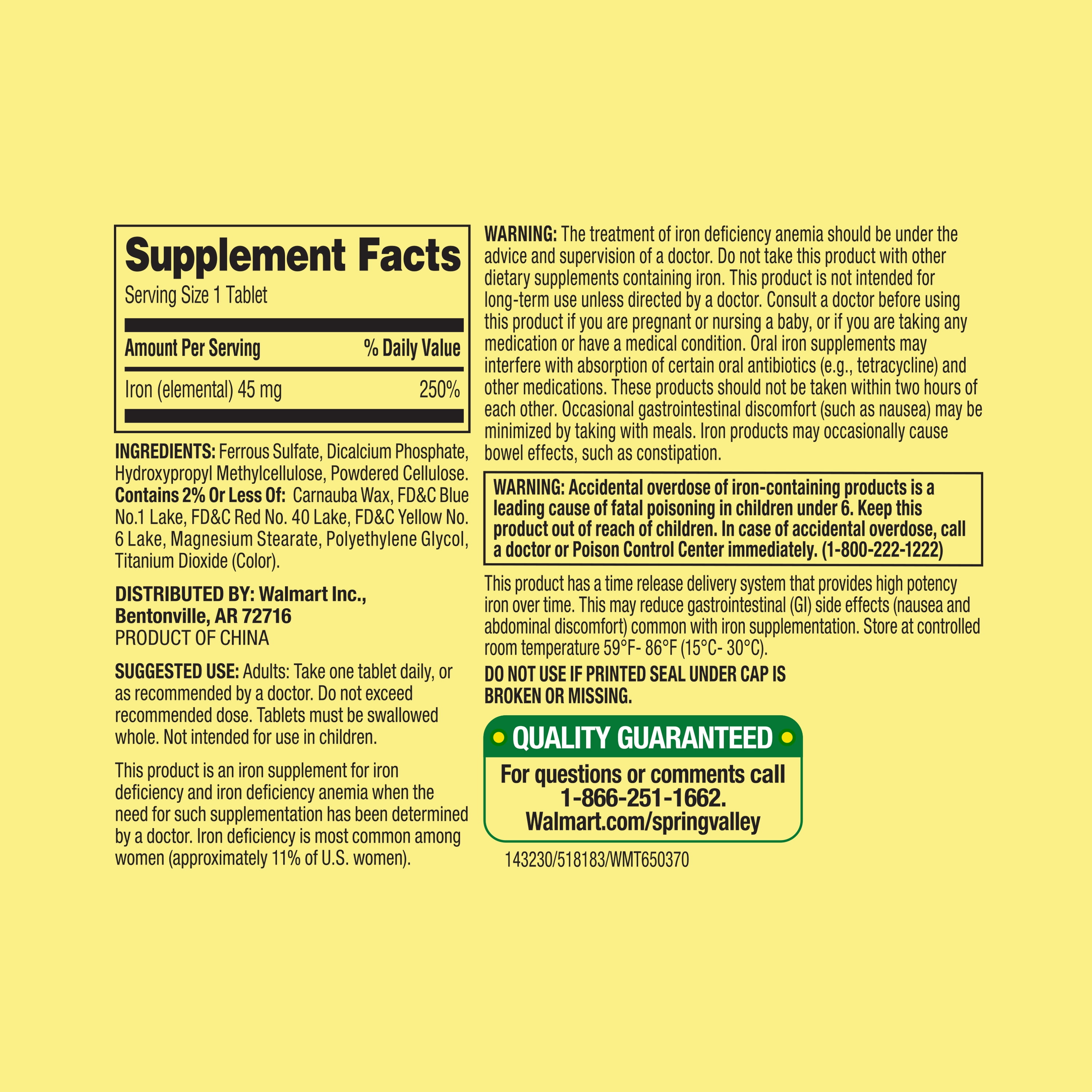 Spring Valley Slow Release Iron Supplement, 45 mg