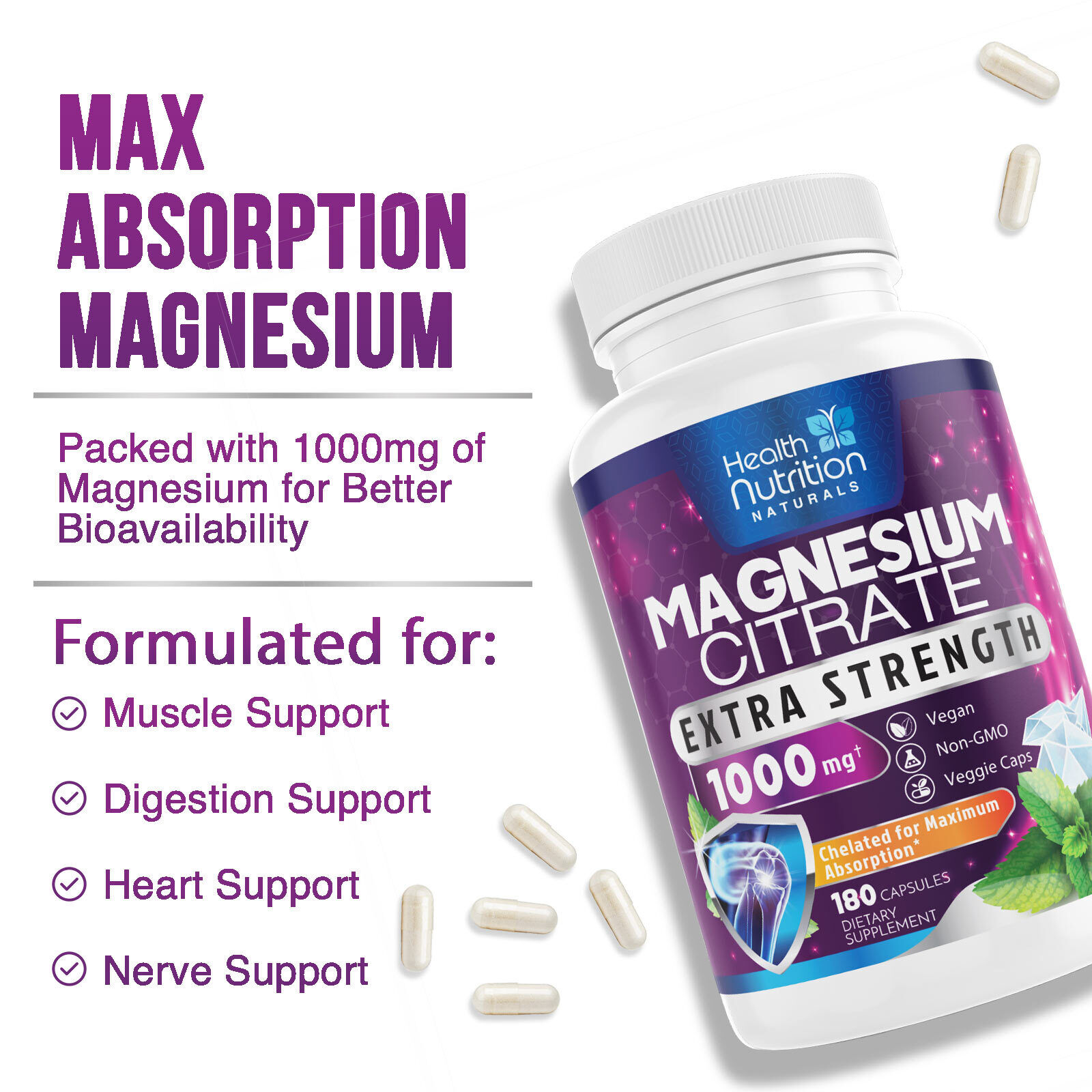 High Potency Magnesium Citrate Capsules 1000mg