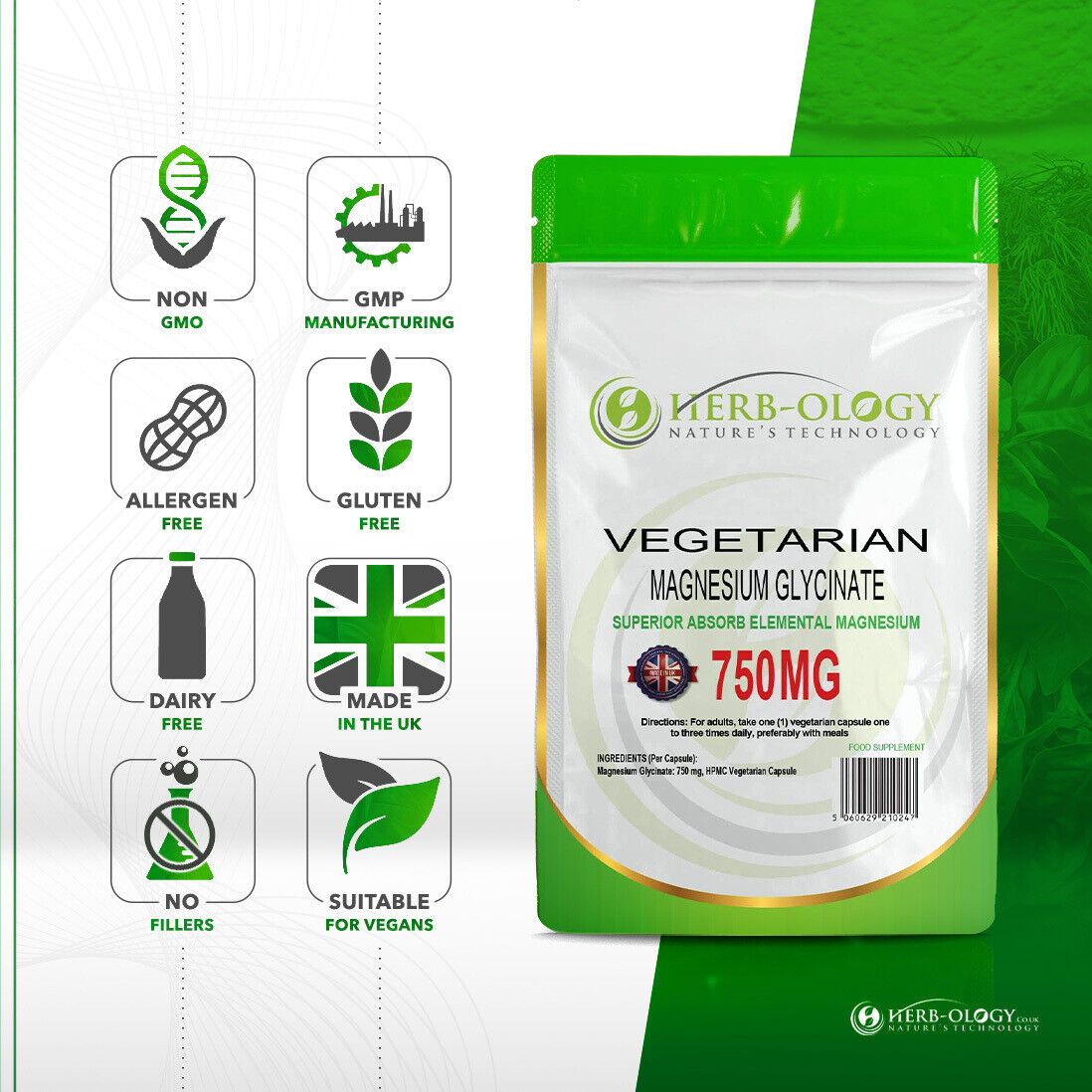 High Strength Vegan Magnesium Glycinate Capsules 750mg