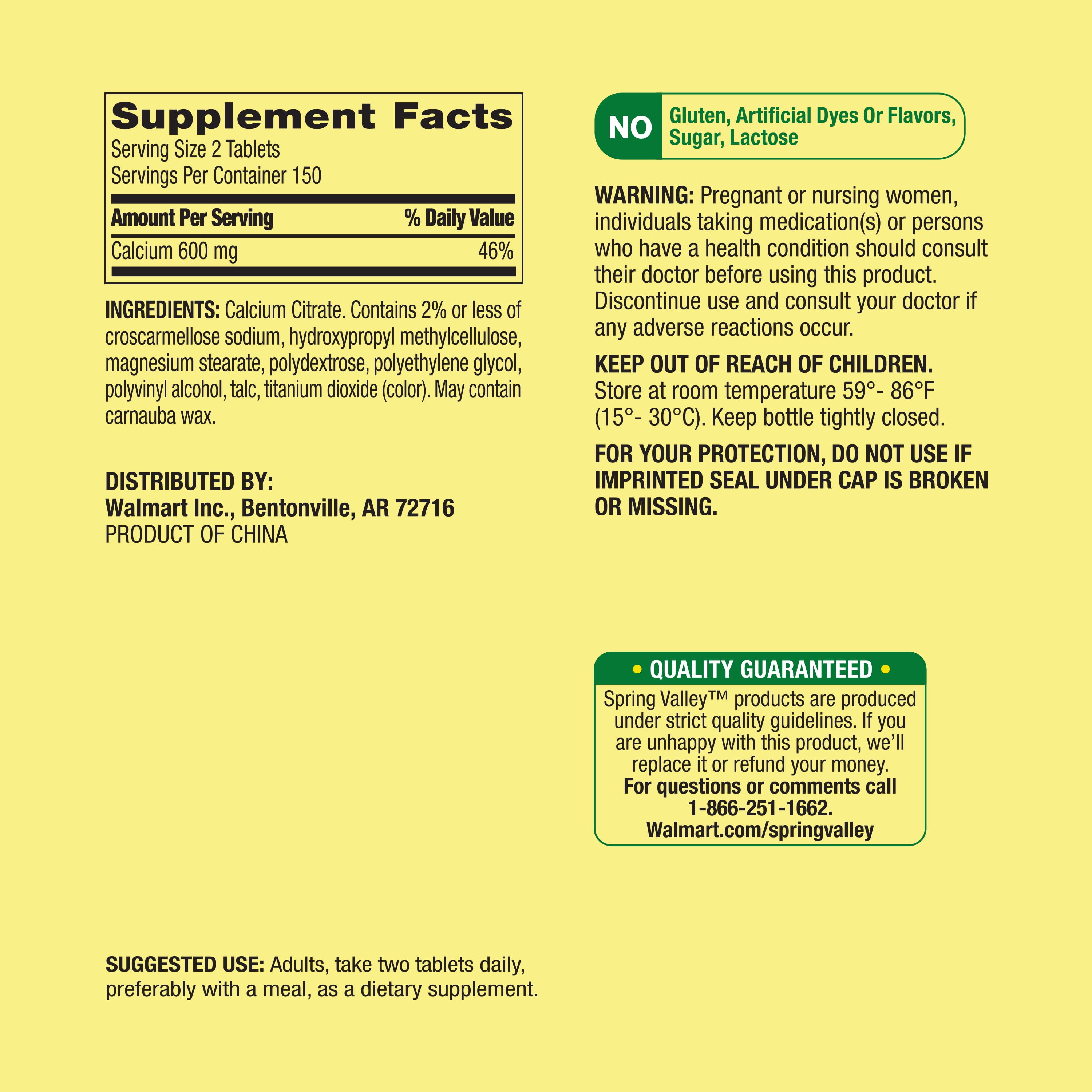 Spring Valley Calcium Citrate 600 mg, 300 Tablets