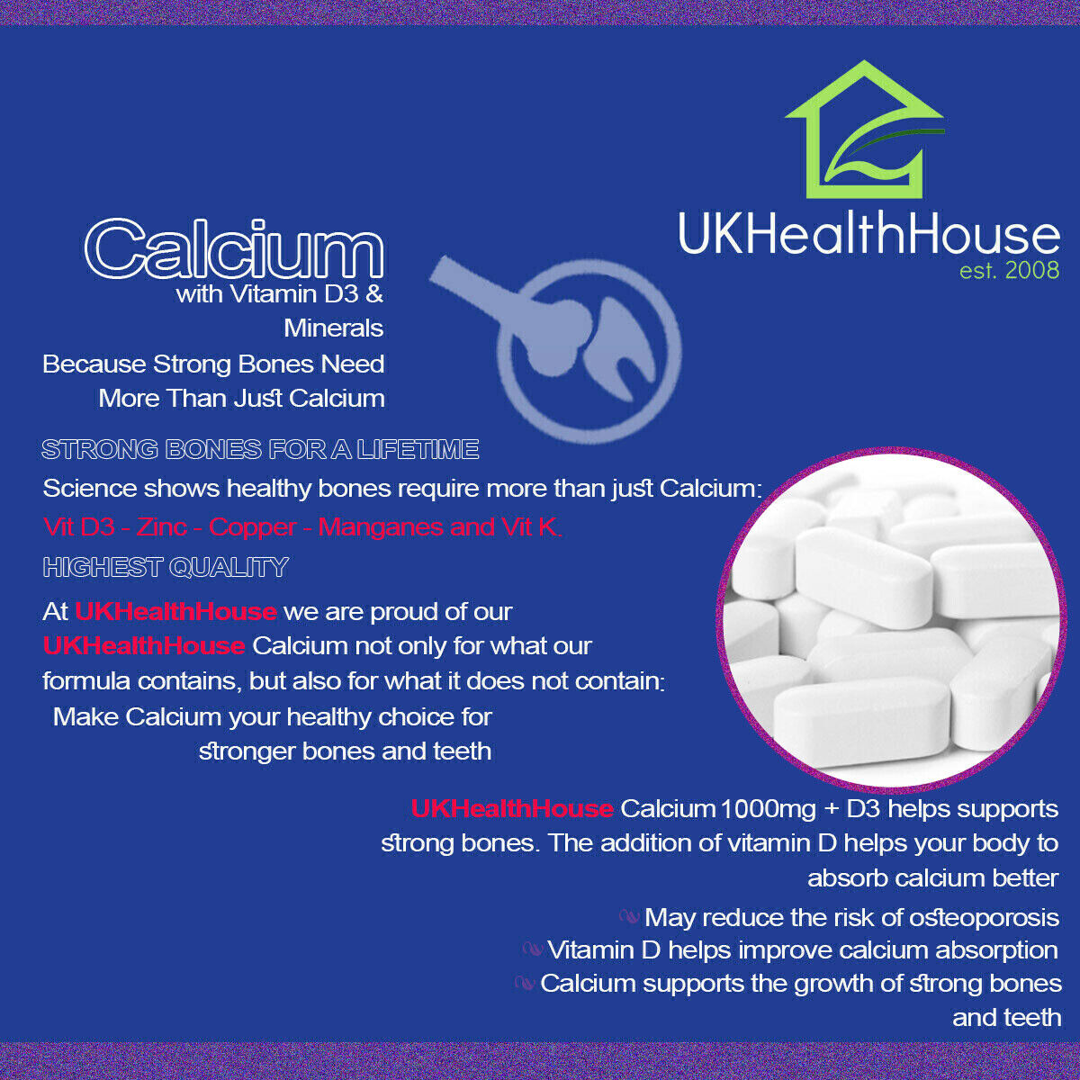 Calcium Tablets 1000mg with Vitamin D3 for Bones