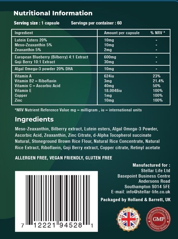 Vegan Eye Vitamin & Mineral Supplement for Clear Vision