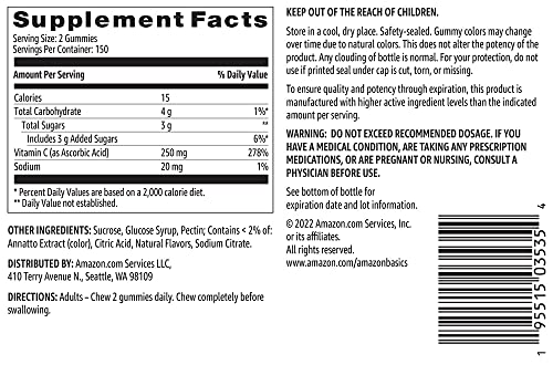 Amazon Basics Vitamin C Gummies, 250 mg, Orange