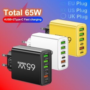 65W 6-in-1 Fast Wall Charger for Smartphones