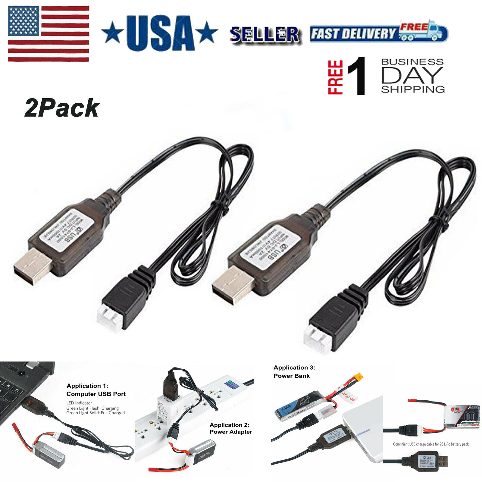 USB Charger Cable for 2S 7.4V LiPo Battery Drone