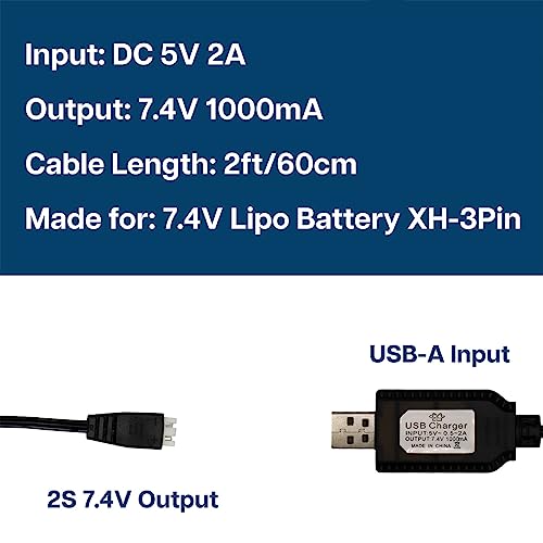 2x USB Charger Cable for 7.4V Drone Batteries