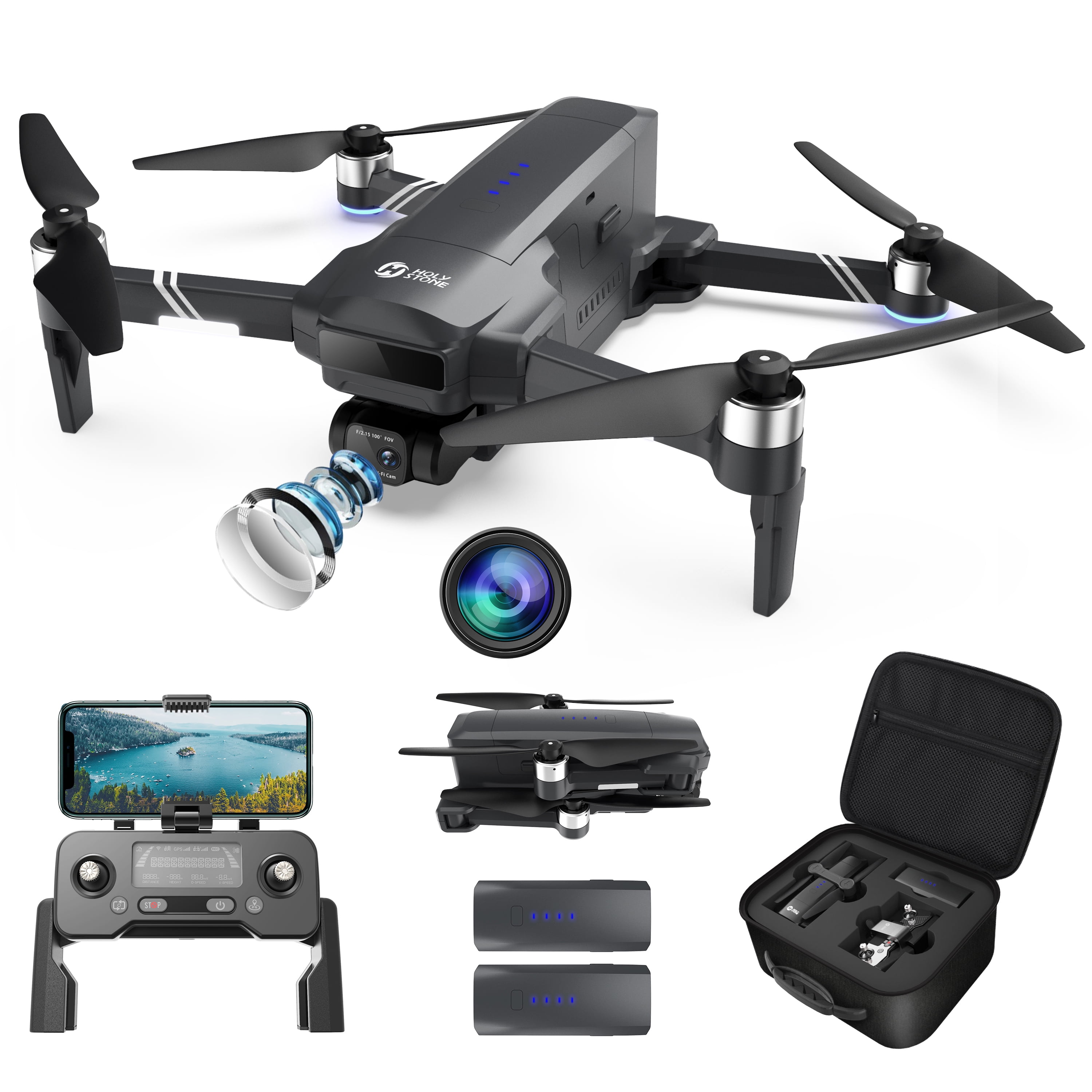 Holy Stone Drone HS600 with 4K Camera 2-Asix Gimbal EIS 3KM FPV-Drone with 2 Batteries Brushless Motor Color Black