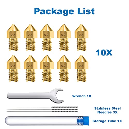 10 Pack 0.2mm Brass MK8 Nozzles for 3D Printers