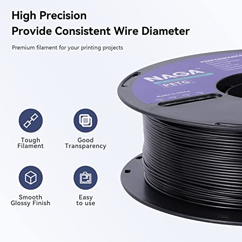 NAGA PETG Filament 1.75mm, Durable 3D Printer Filament, 1kg Spool(2.2lbs), Dimensional Accuracy +/- 0.02 mm, Black