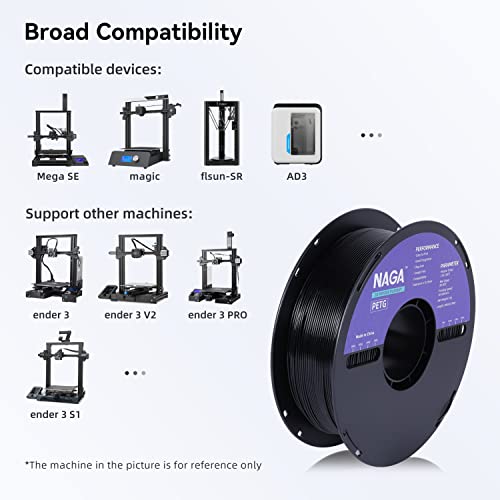 NAGA PETG Filament 1.75mm, Durable 3D Printer Filament, 1kg Spool(2.2lbs), Dimensional Accuracy +/- 0.02 mm, Black