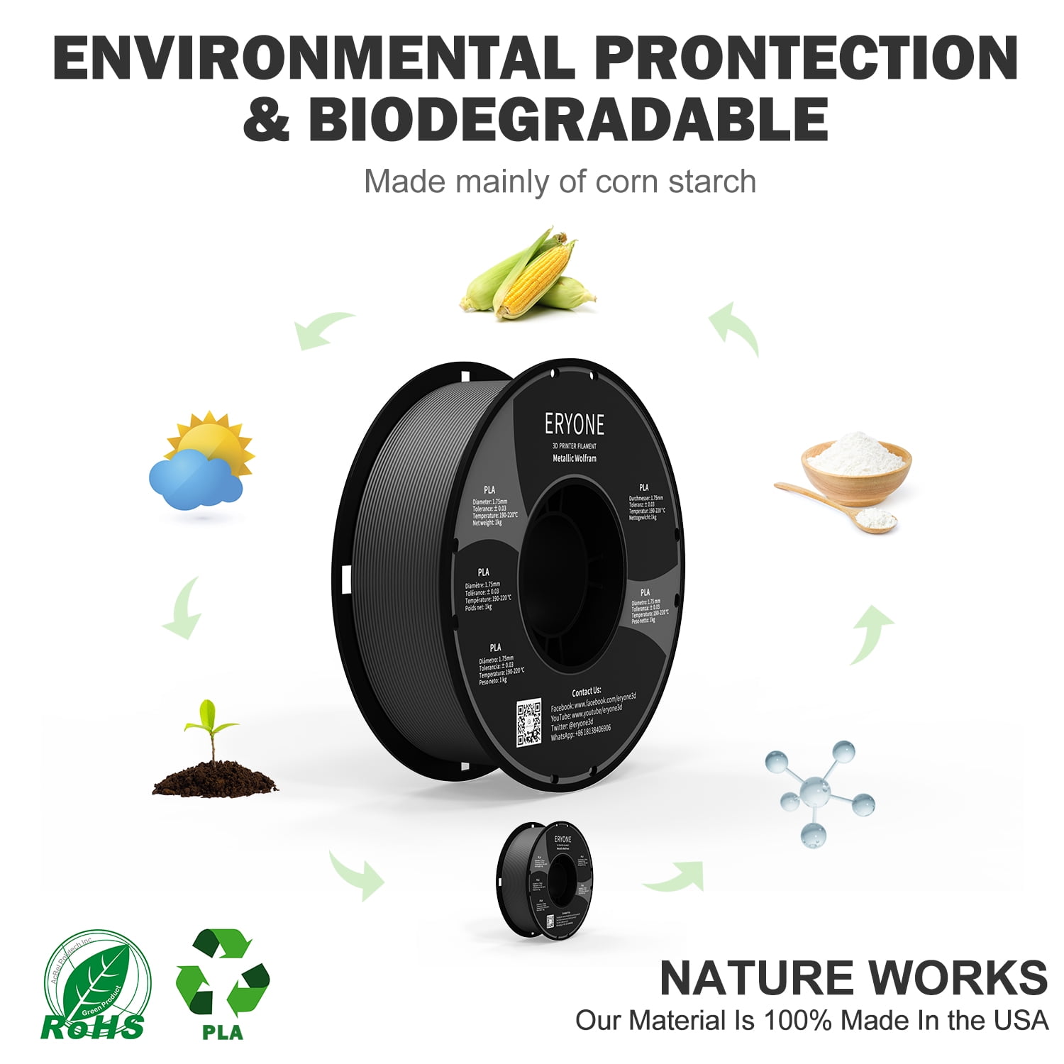 Eryone Metallic Series PLA 3D Printing Filament Wolfram