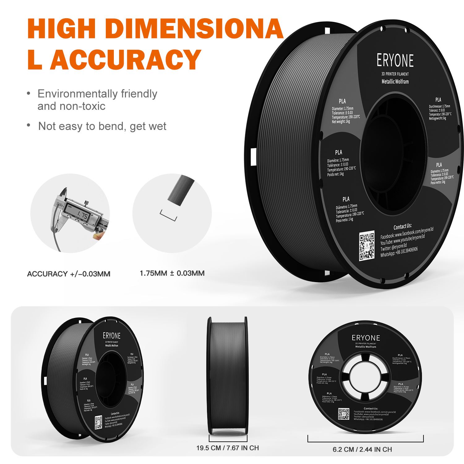 Eryone Metallic Series PLA 3D Printing Filament Wolfram