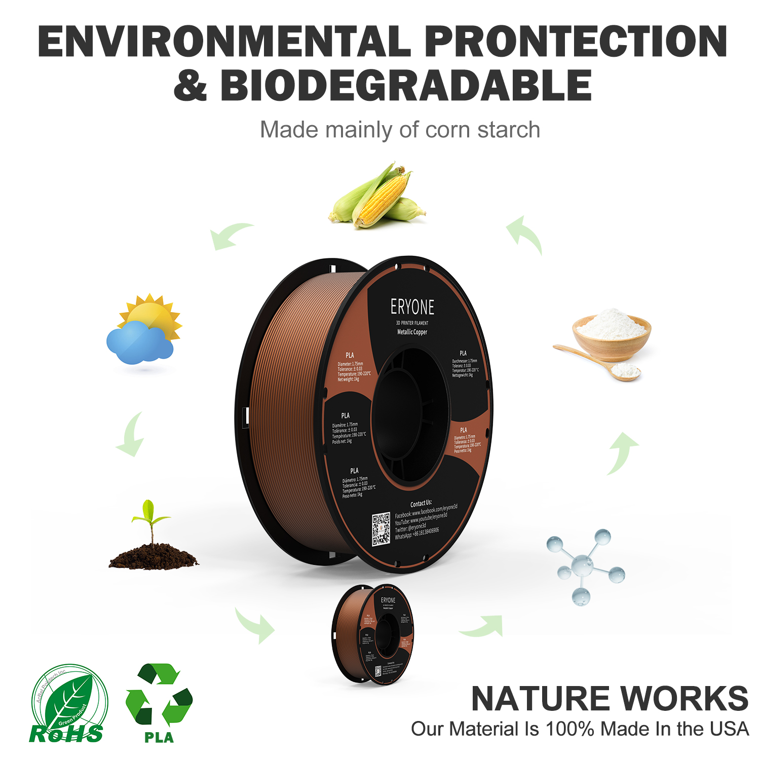 Eryone Metallic Copper PLA Filament - 1kg Spool