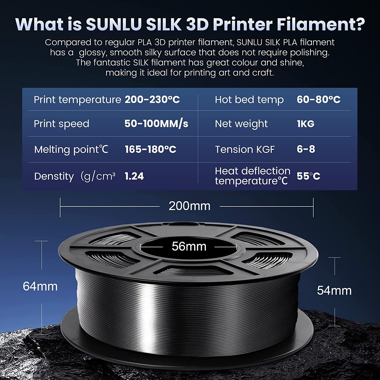 Shiny Black Silk PLA+ Filament - 1KG