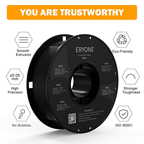 ERYONE 1.75mm PETG Filament, Black, 1KG Spool